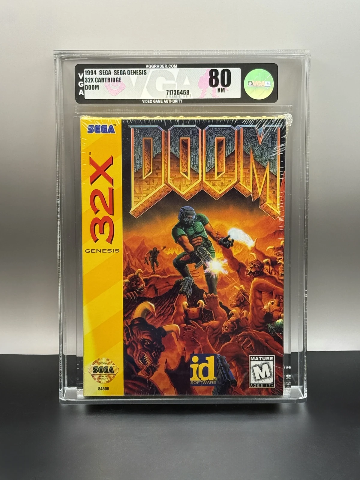 Front of DOOM for Sega 32X, with VGA 80 NM label and certification 71736468