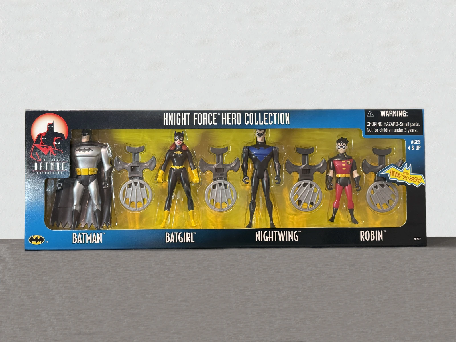 Front of the Kenner Knight Force Hero Collection window box with four figures and Batarang disc launchers