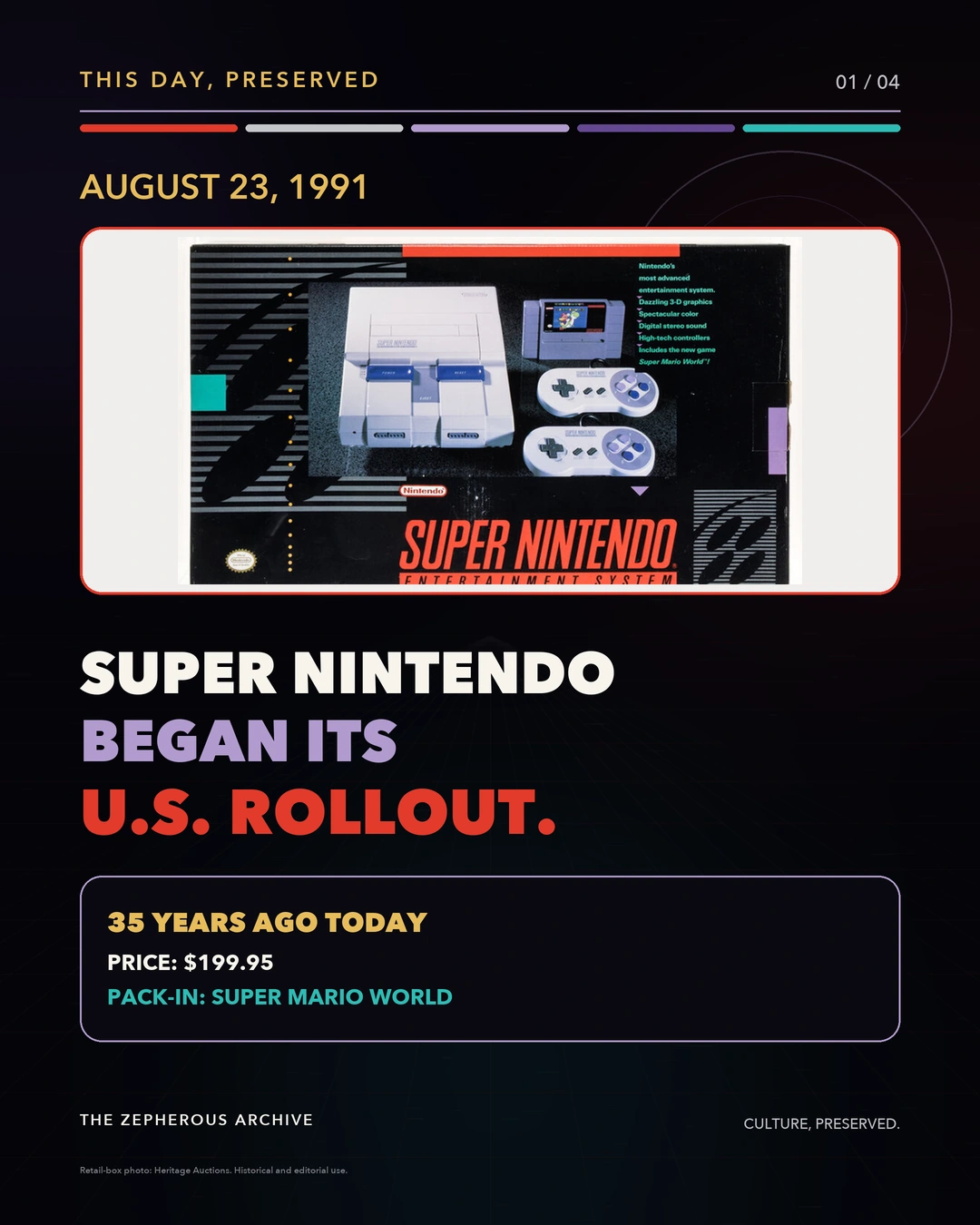 Super Nintendo U.S. rollout anniversary slide for August 23, 2026, showing a Super Set retail-box reference photograph