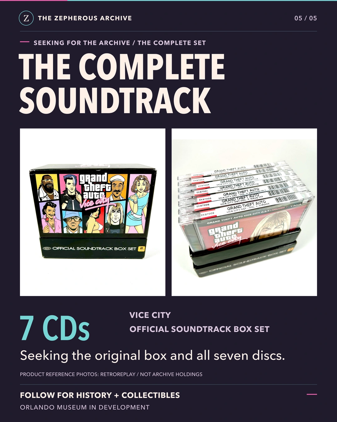 Seeking the complete Vice City Official Soundtrack Box Set: the original box and all seven CDs, shown through product reference photographs